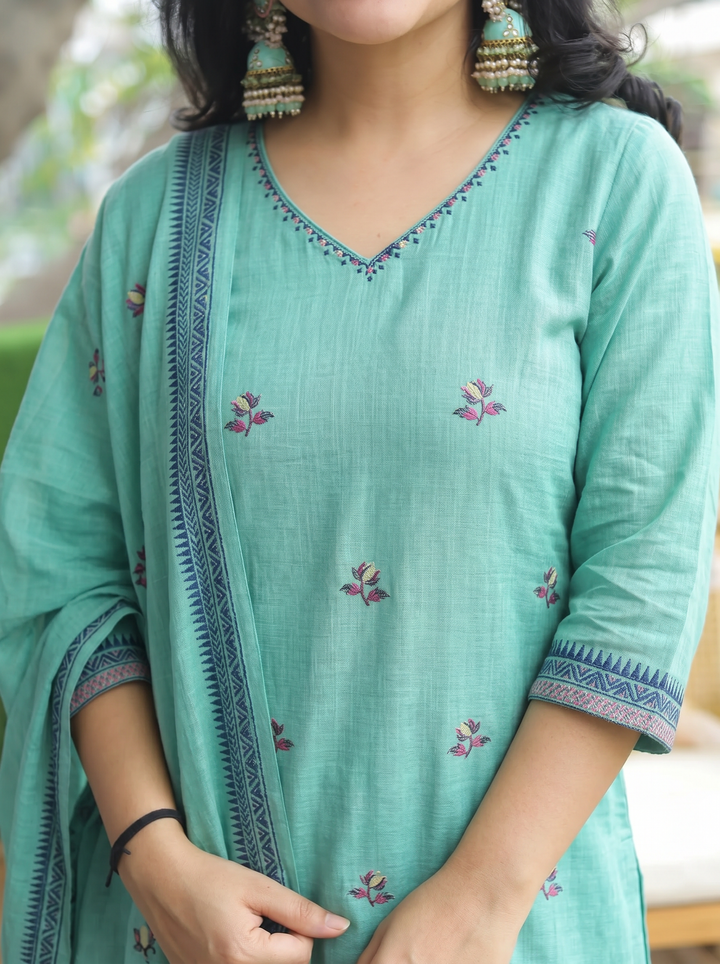 Shobha Ocean Blue Pichwai Jamdani 3 Piece Set