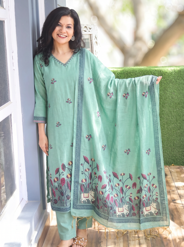 Shobha Ocean Blue Pichwai Jamdani 3 Piece Set