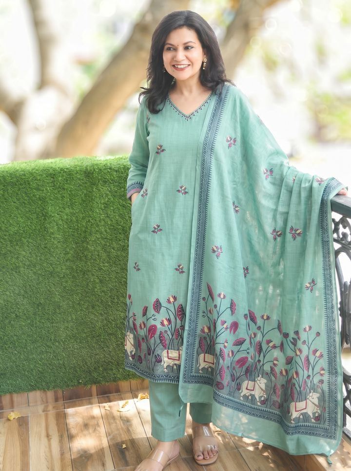 Shobha Ocean Blue Pichwai Jamdani 3 Piece Set
