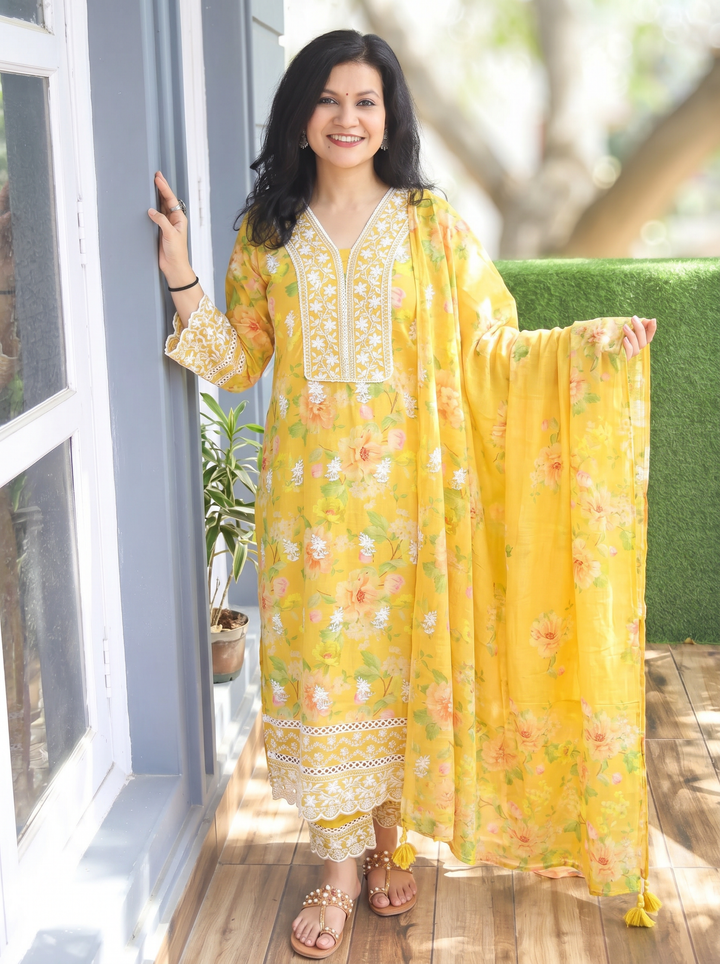 Anjali Yellow Embroidered Mul Cotton 3 Piece Set