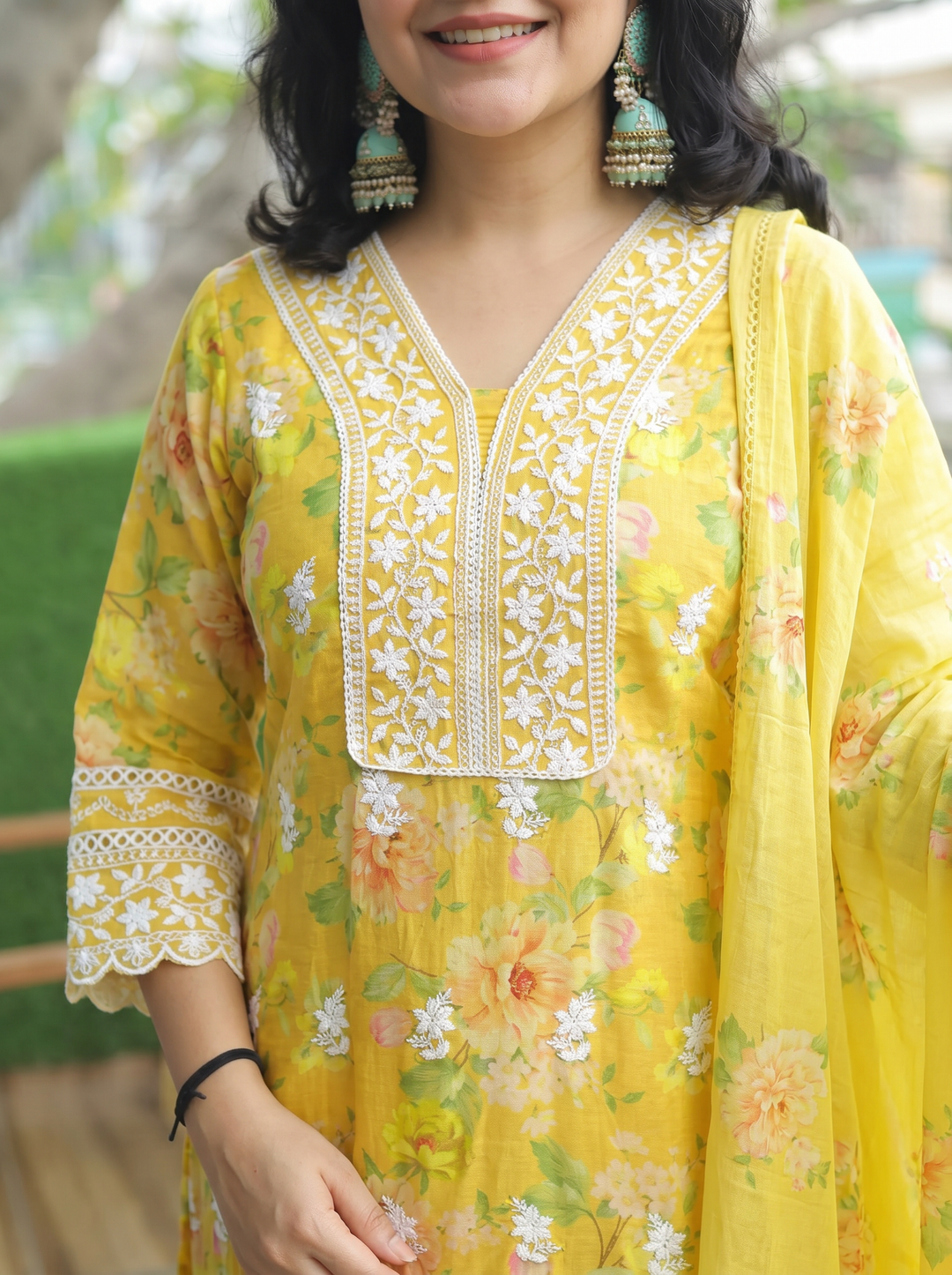 Anjali Yellow Embroidered Mul Cotton 3 Piece Set