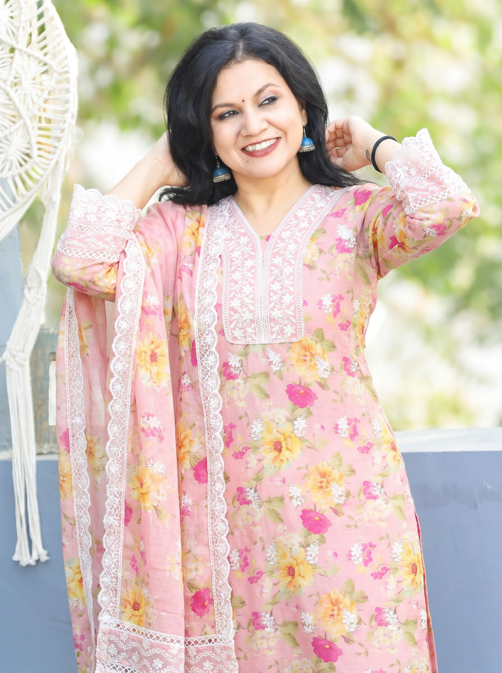 Anjali Peach Embroidered Mul Cotton 3 Piece Set