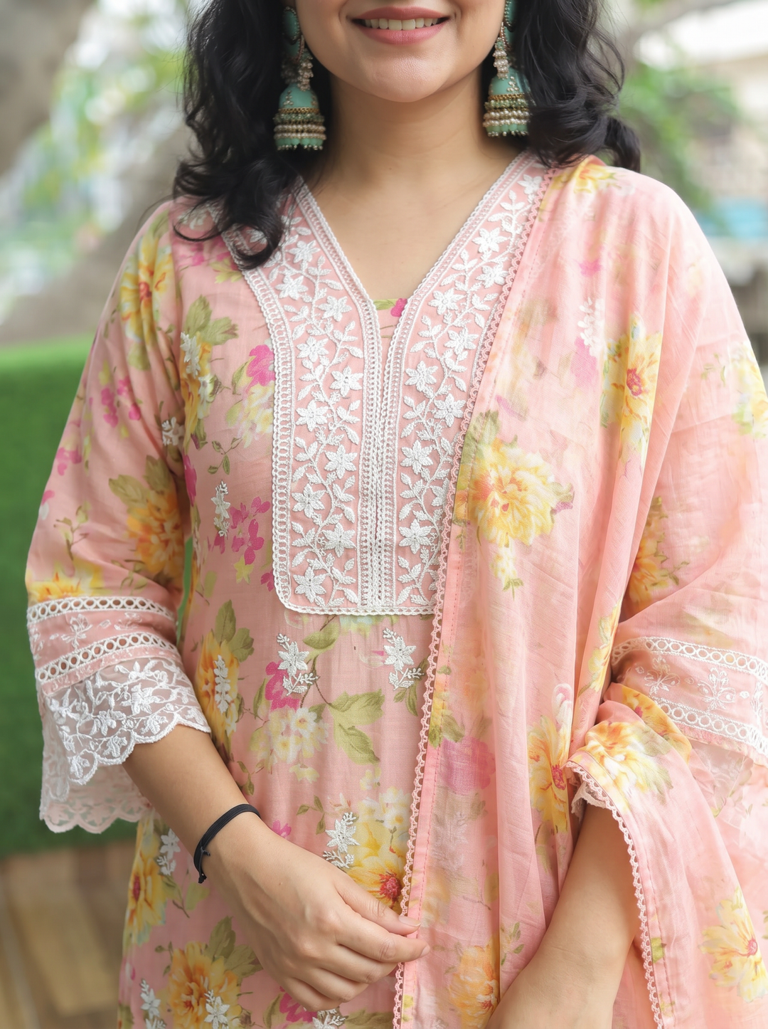 Anjali Peach Embroidered Mul Cotton 3 Piece Set