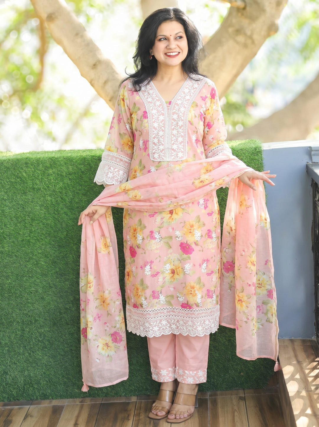 Anjali Peach Embroidered Mul Cotton 3 Piece Set
