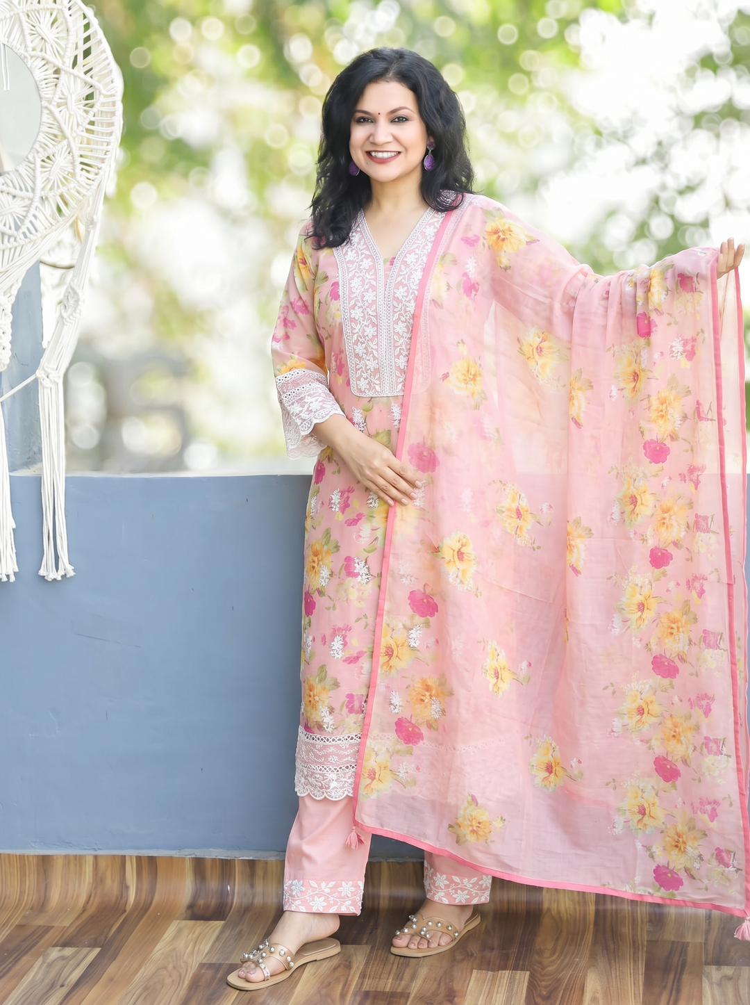 Anjali Peach Embroidered Mul Cotton 3 Piece Set