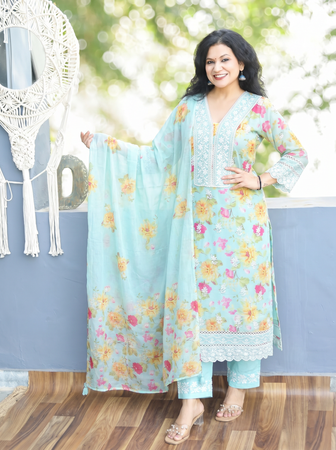 Anjali Sky Blue Embroidered Mul Cotton 3 Piece Set