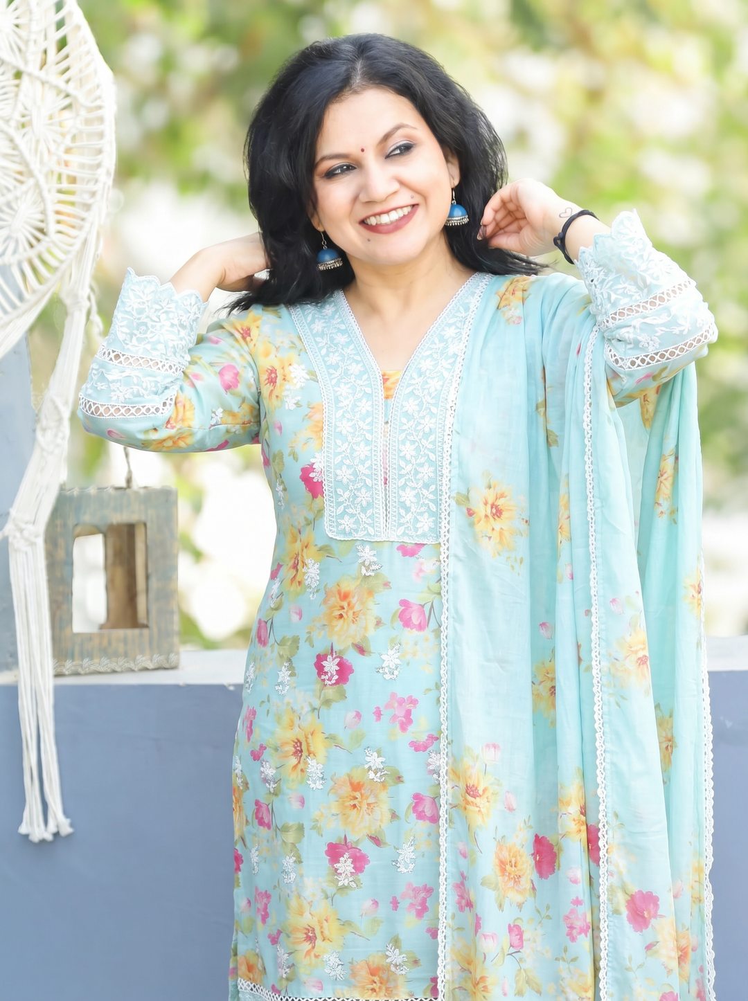 Anjali Sky Blue Embroidered Mul Cotton 3 Piece Set