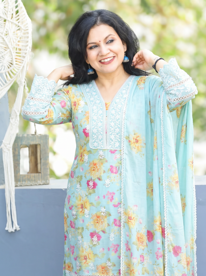 Anjali Sky Blue Embroidered Mul Cotton 3 Piece Set