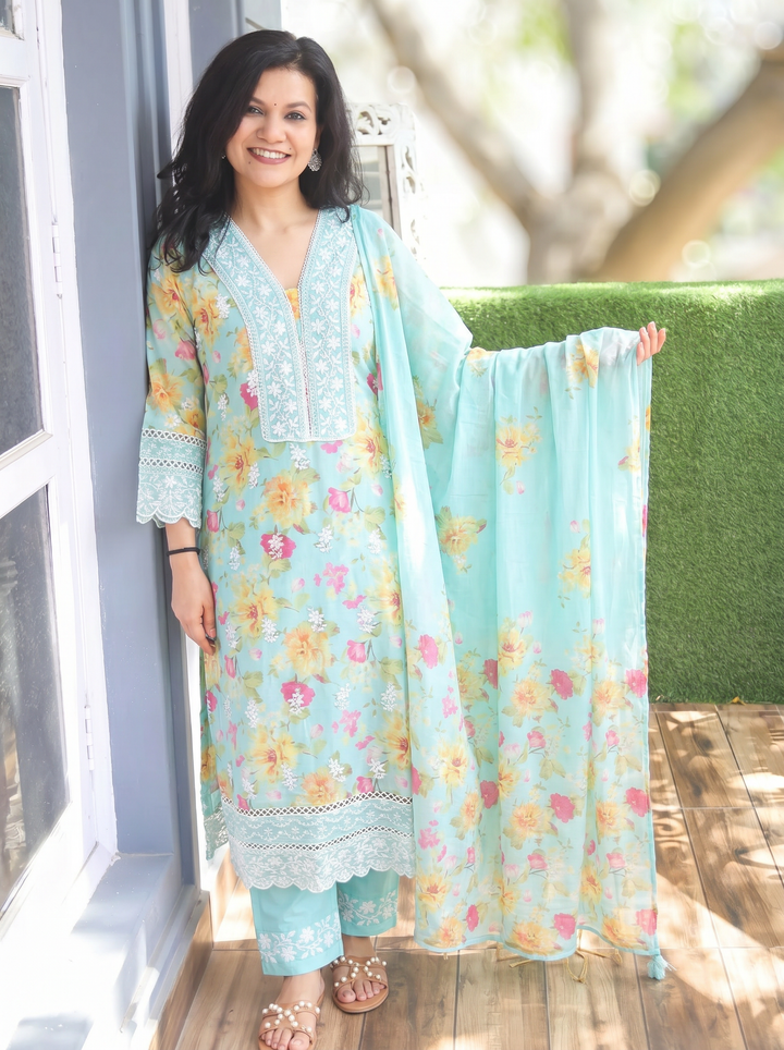 Anjali Sky Blue Embroidered Mul Cotton 3 Piece Set