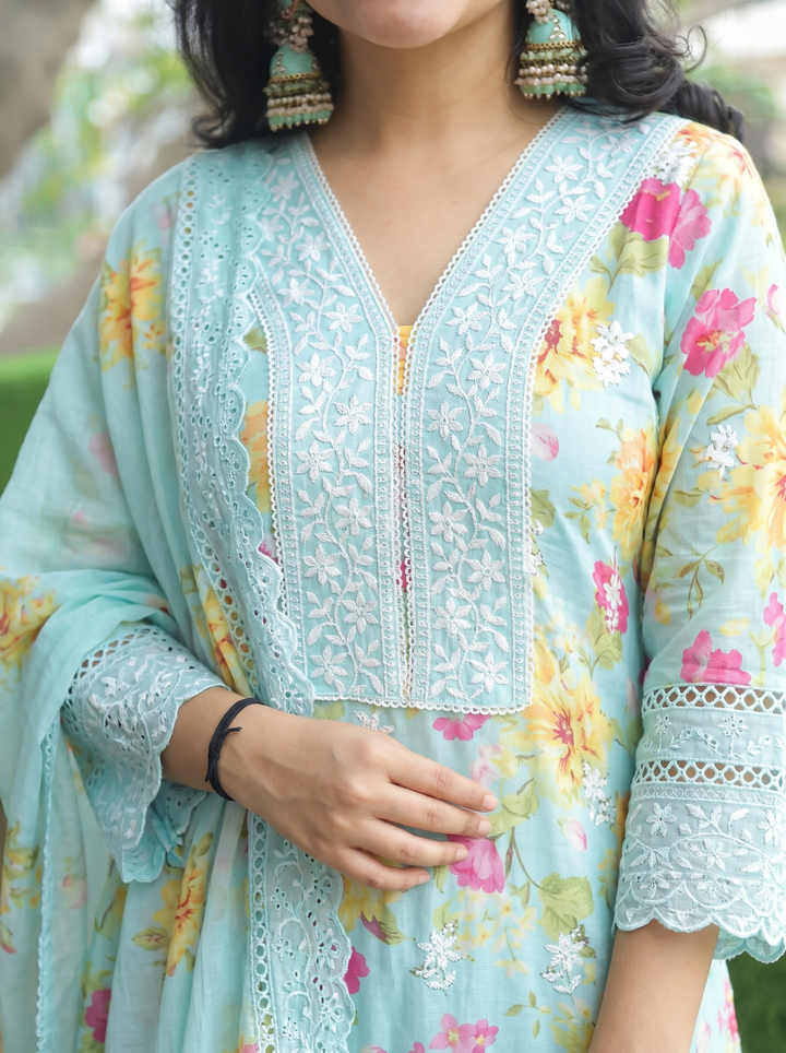 Anjali Sky Blue Embroidered Mul Cotton 3 Piece Set