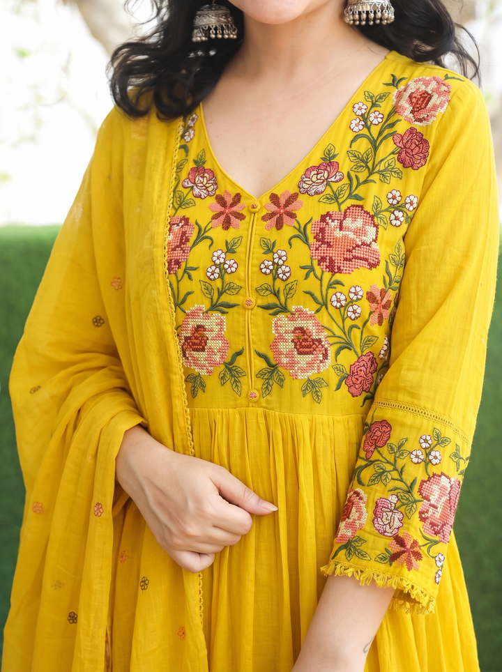 Sakhi Yellow Embroidered Mul Cotton 3 Piece Set