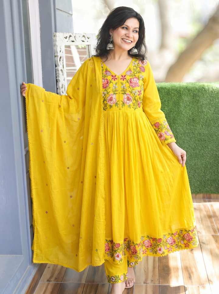 Sakhi Yellow Embroidered Mul Cotton 3 Piece Set