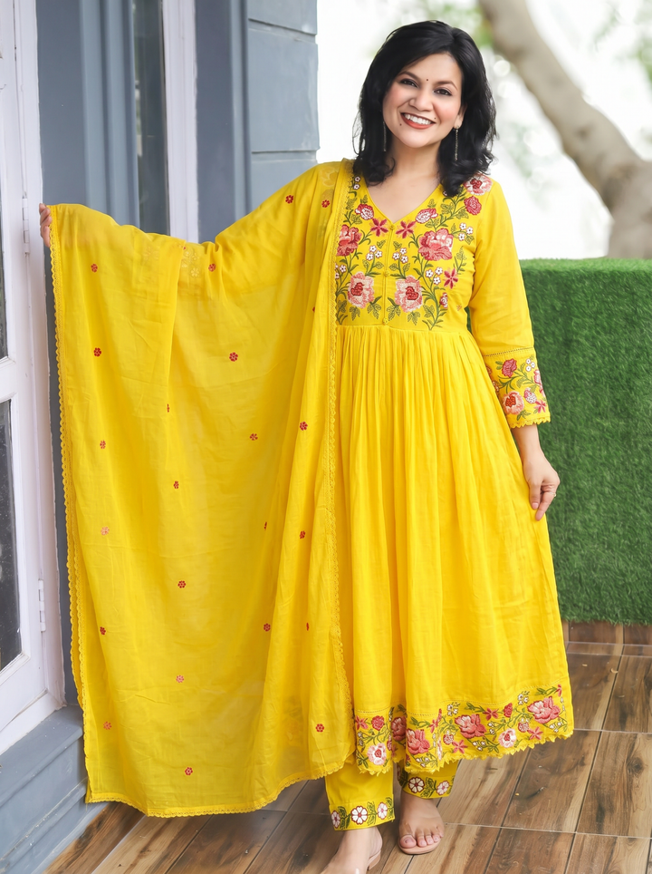 Sakhi Yellow Embroidered Mul Cotton 3 Piece Set