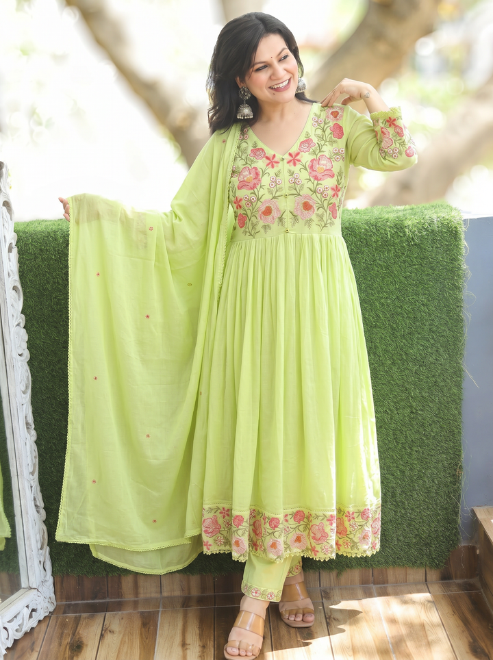 Sakhi Mint Green Embroidered Mul Cotton 3 Piece Set