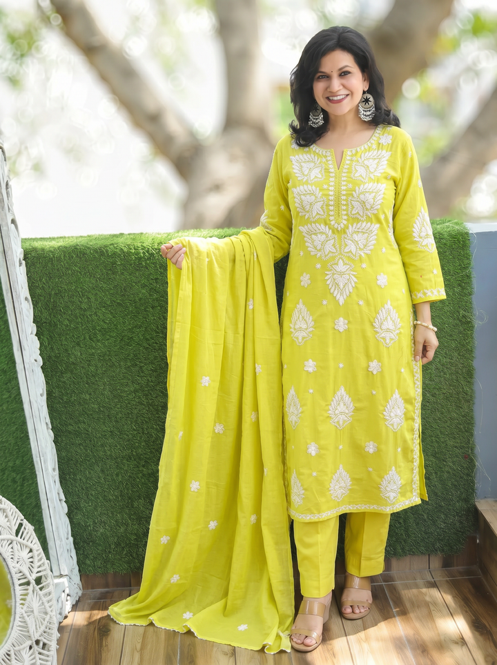 Neer Lemon Green Chikankari Cotton 3 Piece Set