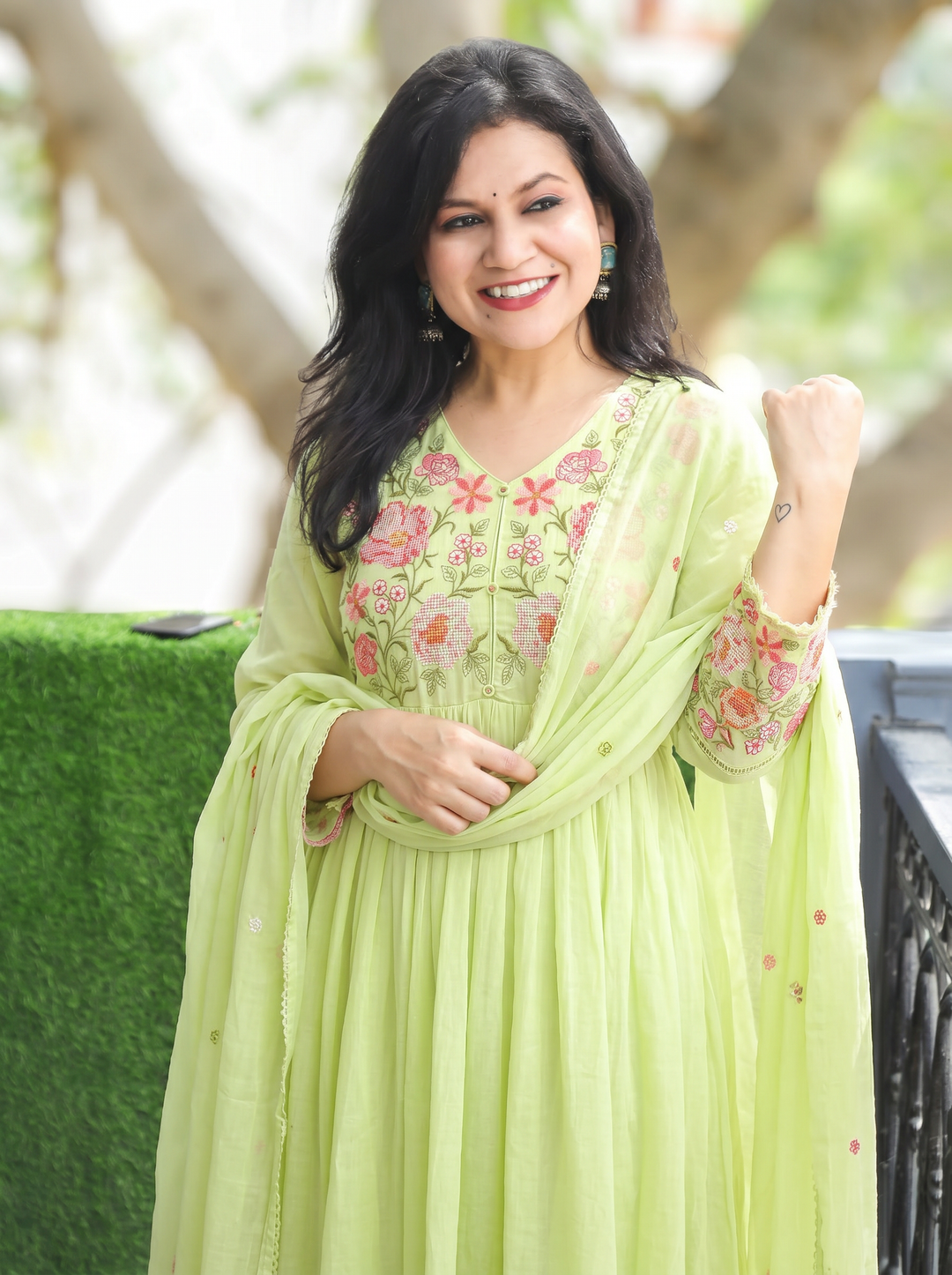 Sakhi Mint Green Embroidered Mul Cotton 3 Piece Set