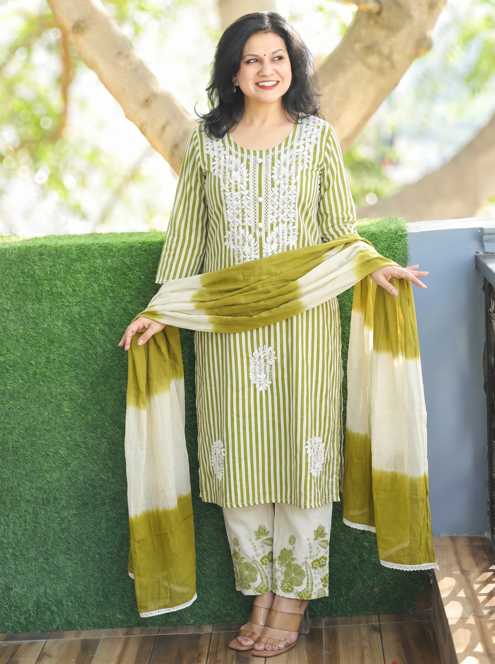 Kira Olive Green Emboirdered Cotton 3 Piece Set