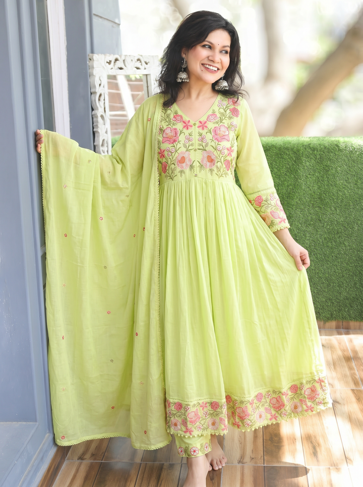 Sakhi Mint Green Embroidered Mul Cotton 3 Piece Set