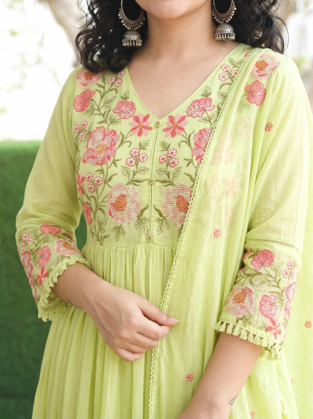 Sakhi Mint Green Embroidered Mul Cotton 3 Piece Set