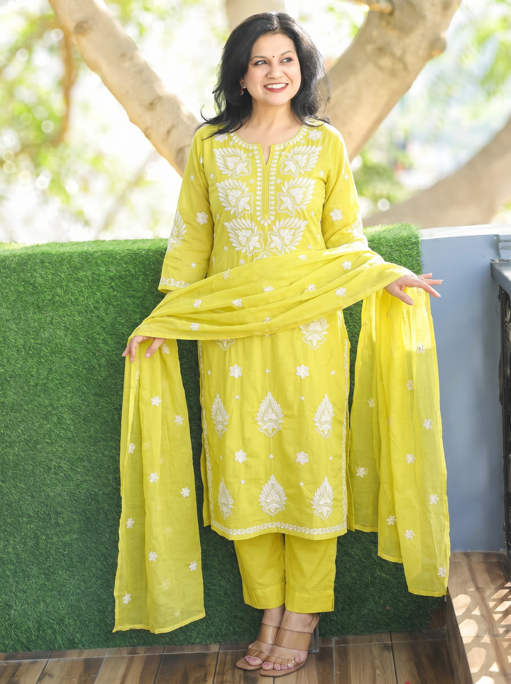 Neer Lemon Green Chikankari Cotton 3 Piece Set