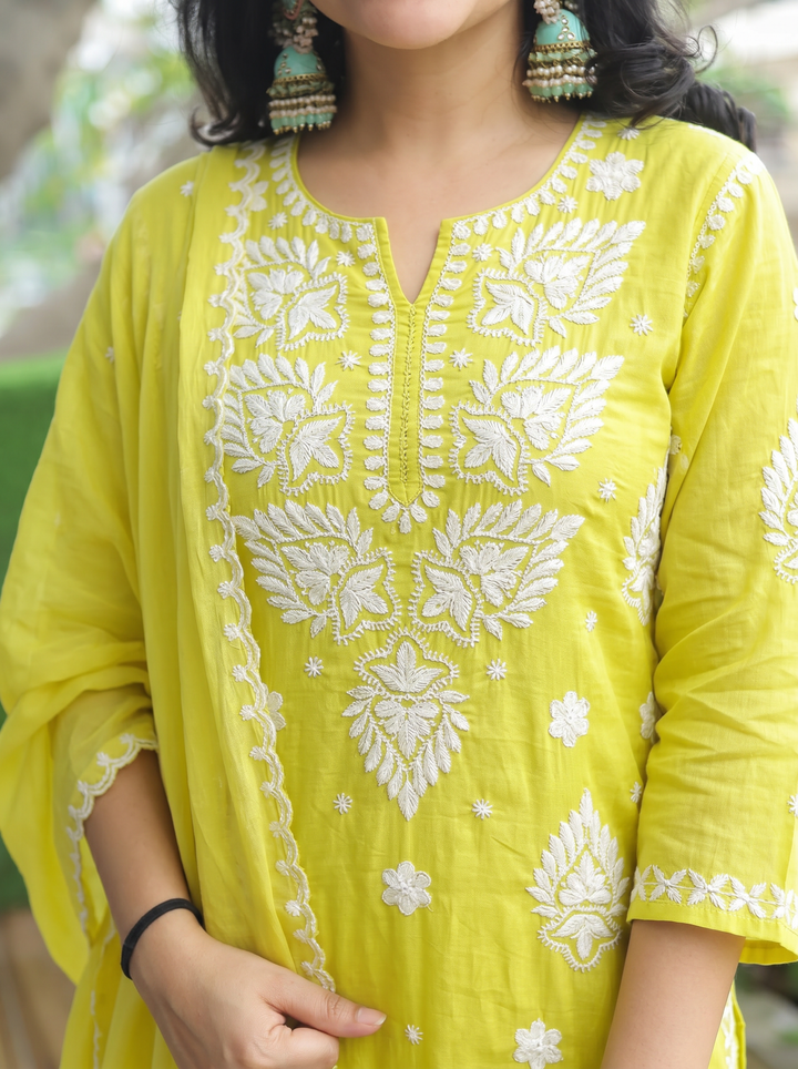 Neer Lemon Green Chikankari Cotton 3 Piece Set