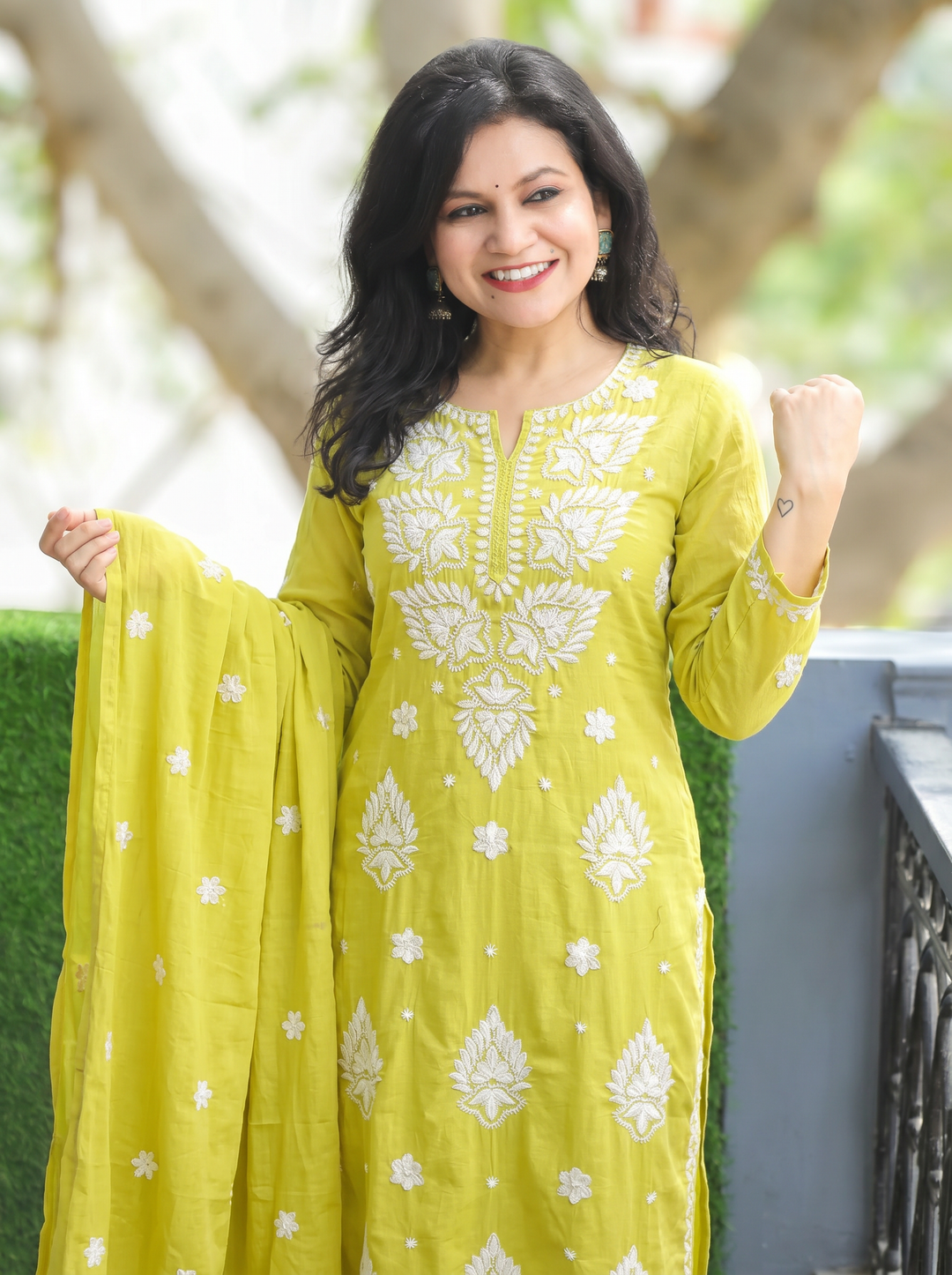 Neer Lemon Green Chikankari Cotton 3 Piece Set