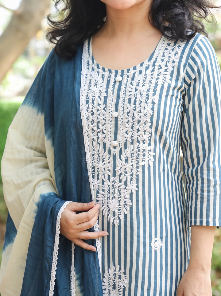 Kira Cerulean Teal Emboirdered Cotton 3 Piece Set