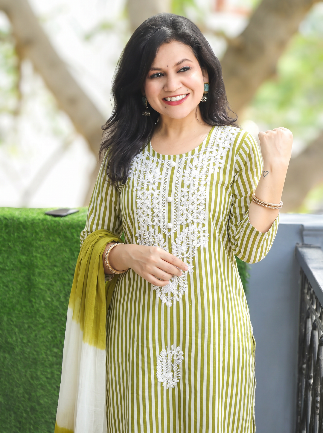 Kira Olive Green Emboirdered Cotton 3 Piece Set
