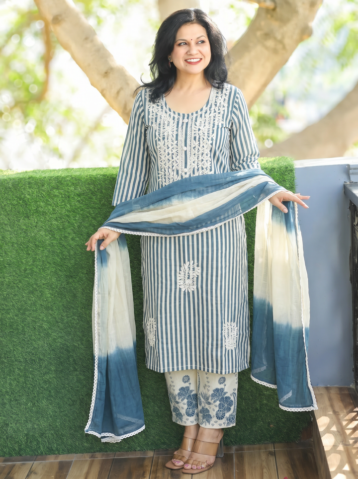 Kira Cerulean Teal Emboirdered Cotton 3 Piece Set