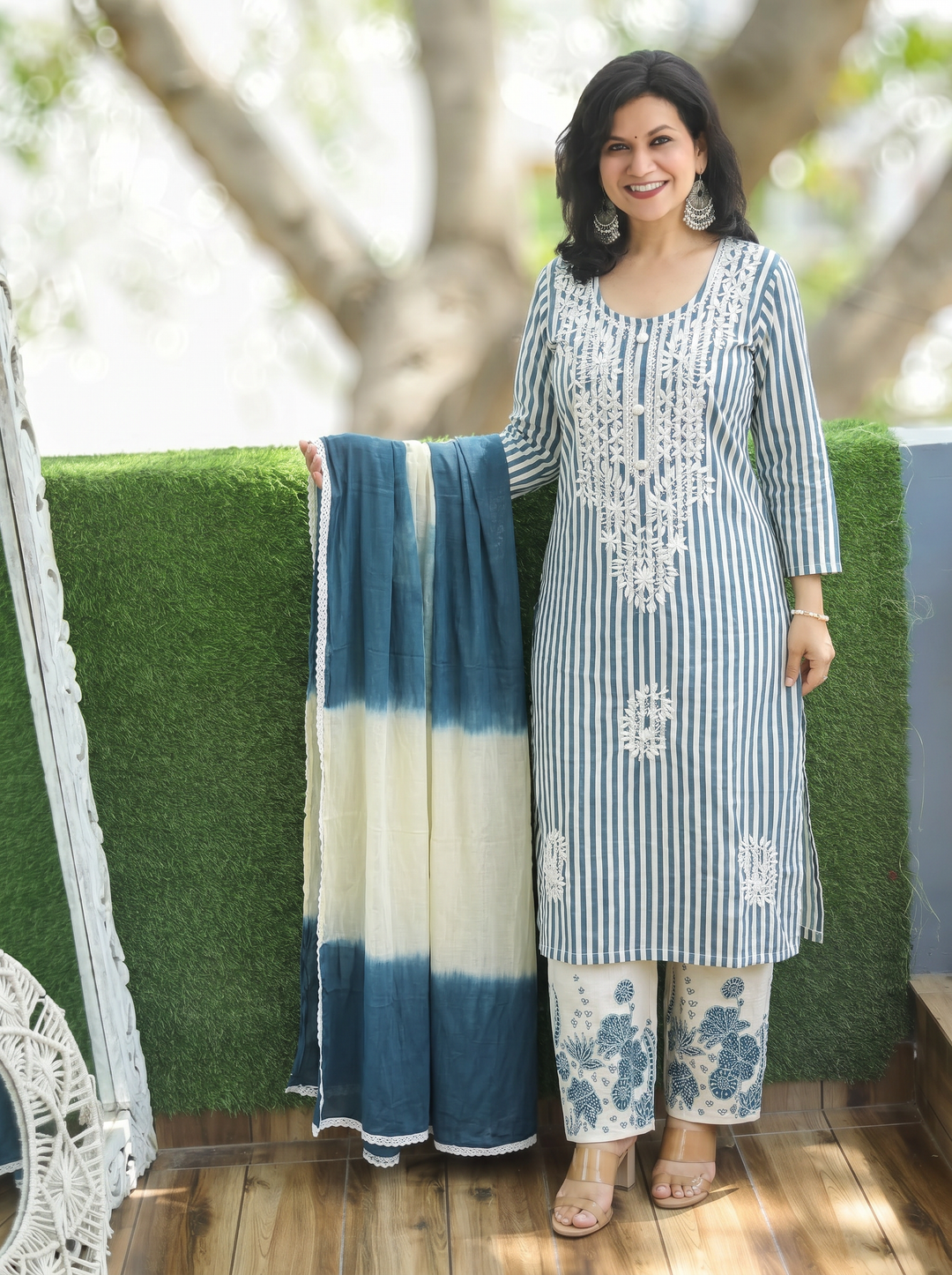 Kira Cerulean Teal Emboirdered Cotton 3 Piece Set