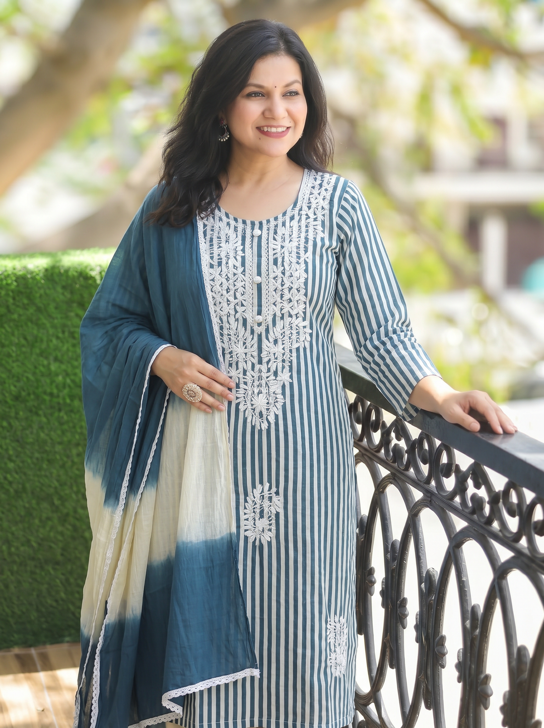 Kira Cerulean Teal Emboirdered Cotton 3 Piece Set