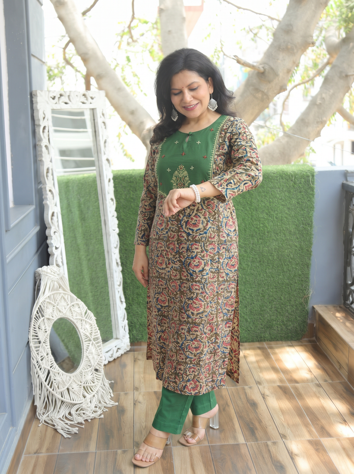 Darla Olive Green Kalamkari Cotton 2 PIece Set
