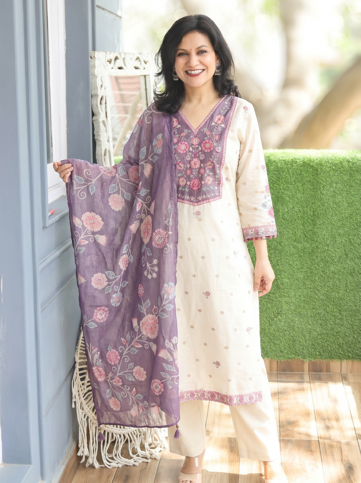 Alia Cream White Floral Yoke Kota Doriya 3 Piece Set