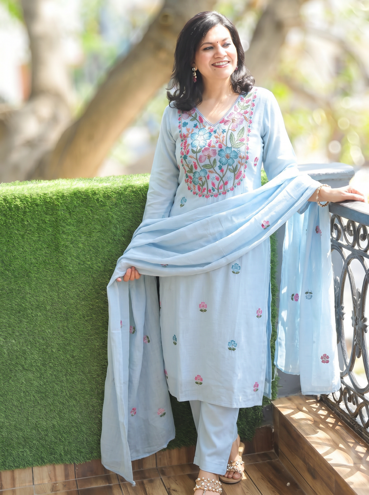 Elisha Frozen Blue Kolkata Hand Embroidered Set
