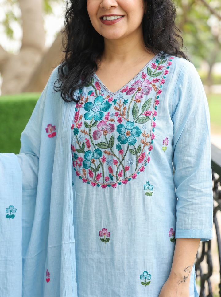Elisha Frozen Blue Kolkata Hand Embroidered Set