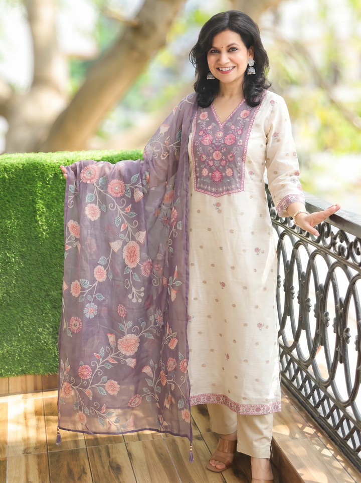 Alia Cream White Floral Yoke Kota Doriya 3 Piece Set