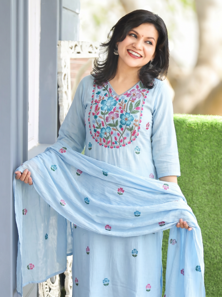 Elisha Frozen Blue Kolkata Hand Embroidered Set