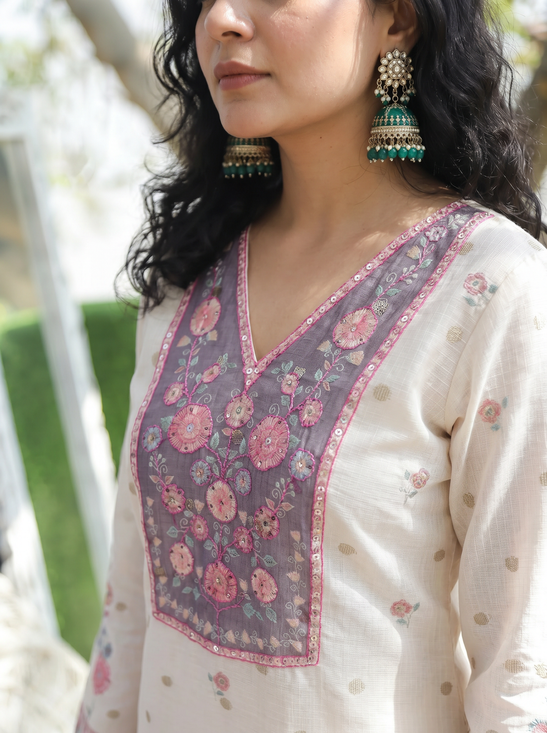 Alia Cream White Floral Yoke Kota Doriya 3 Piece Set