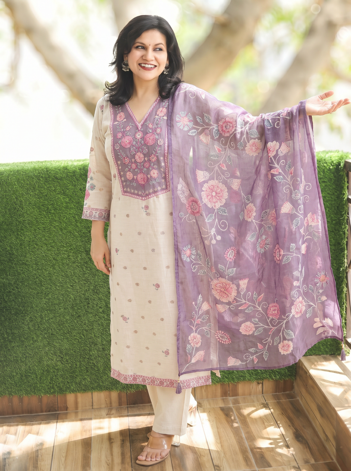 Alia Cream White Floral Yoke Kota Doriya 3 Piece Set