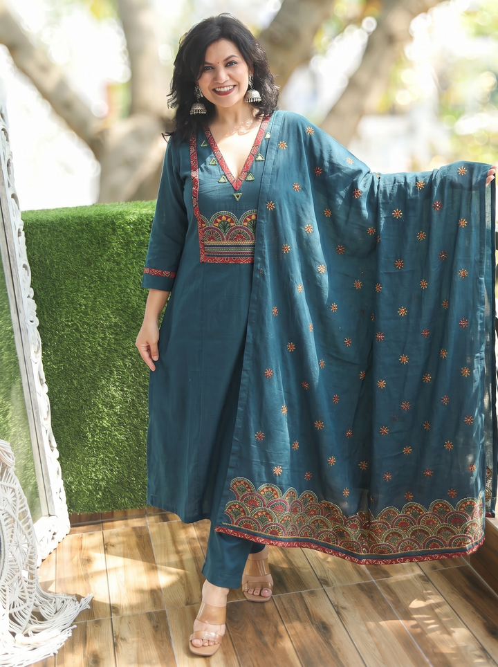 Alina Cerulean Teal Mirror Work 3 Piece Set