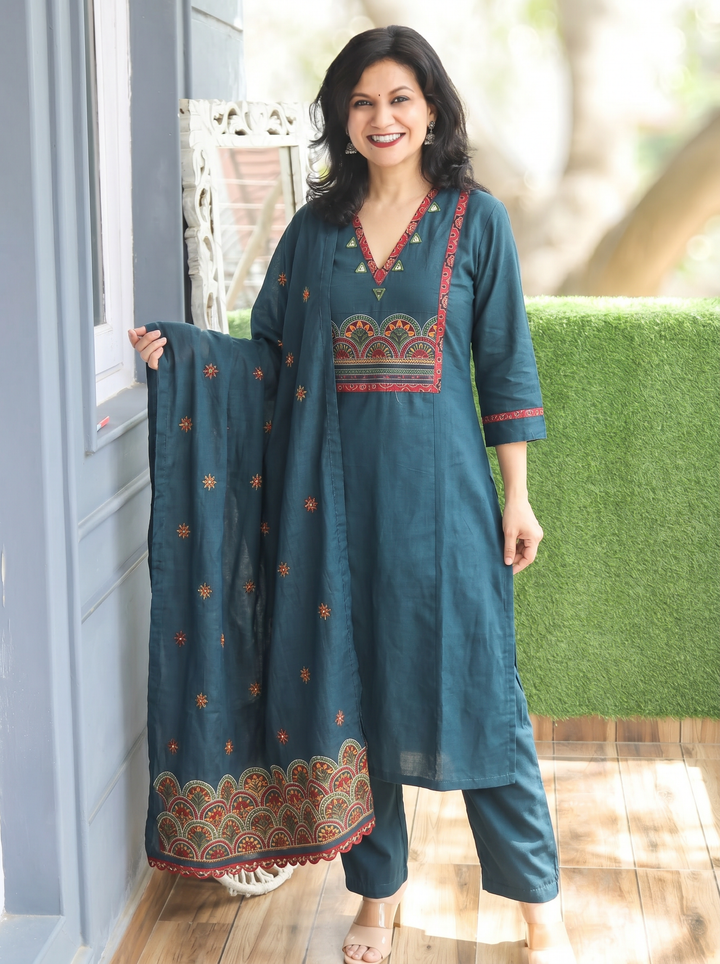 Alina Cerulean Teal Mirror Work 3 Piece Set