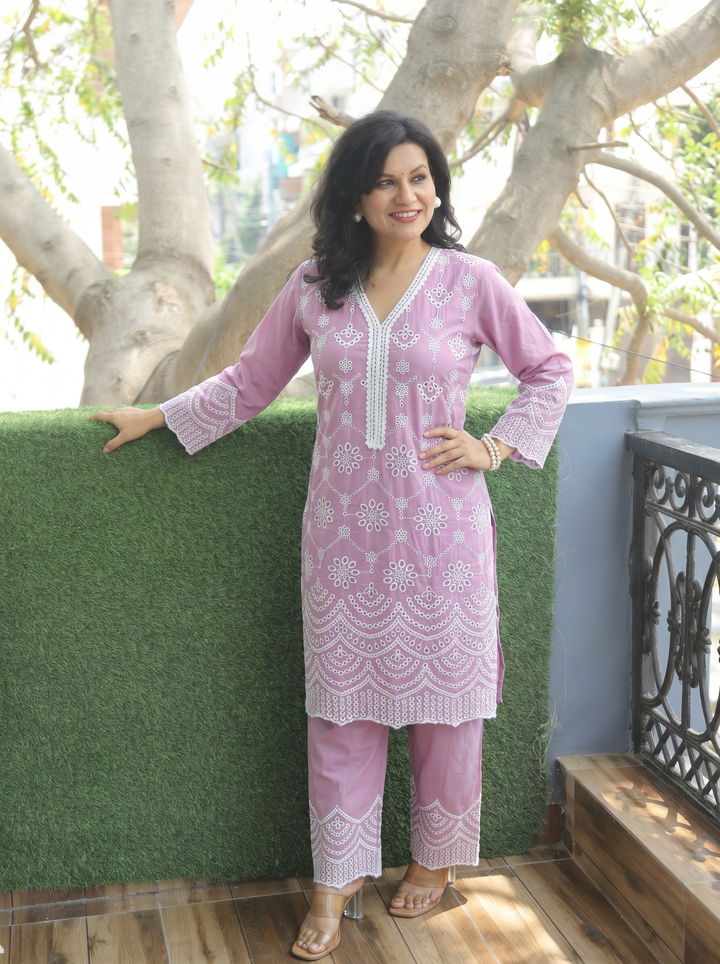 Nadia Helio Mauve Embroidered Cotton Co-ord Set