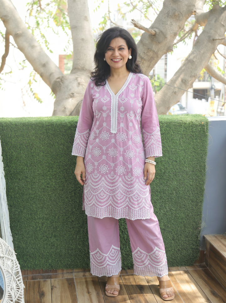 Nadia Helio Mauve Embroidered Cotton Co-ord Set