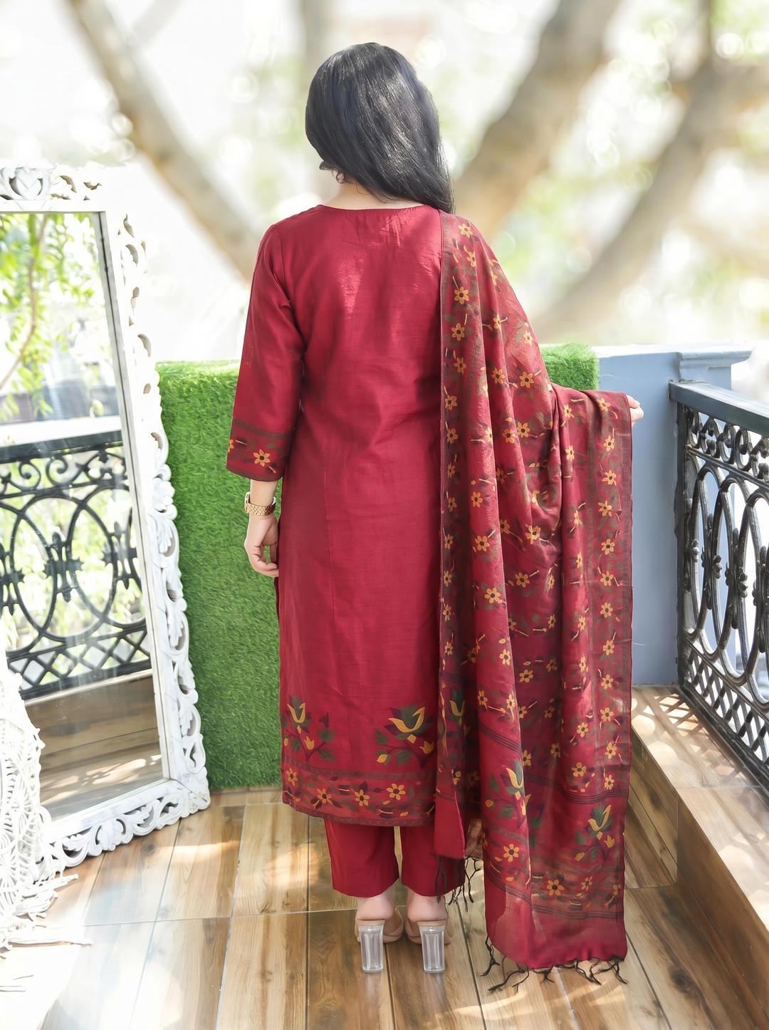 Saloni Red Floral Jamdani 3 Piece Set
