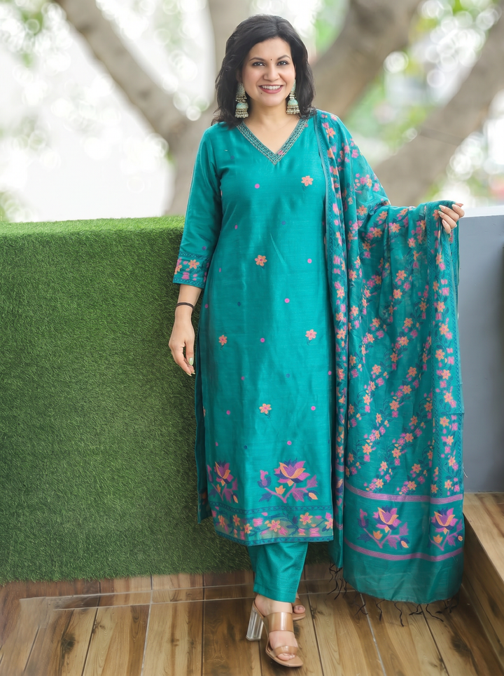 Saloni Turquoise Floral Jamdani 3 Piece Set
