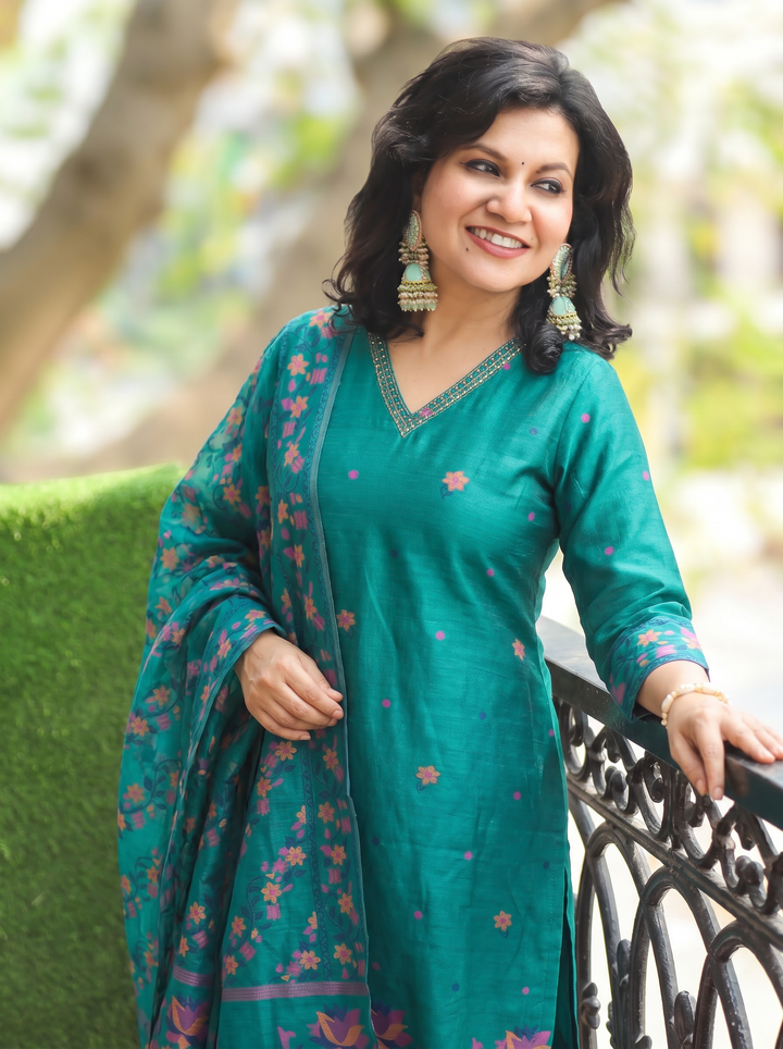 Saloni Turquoise Floral Jamdani 3 Piece Set