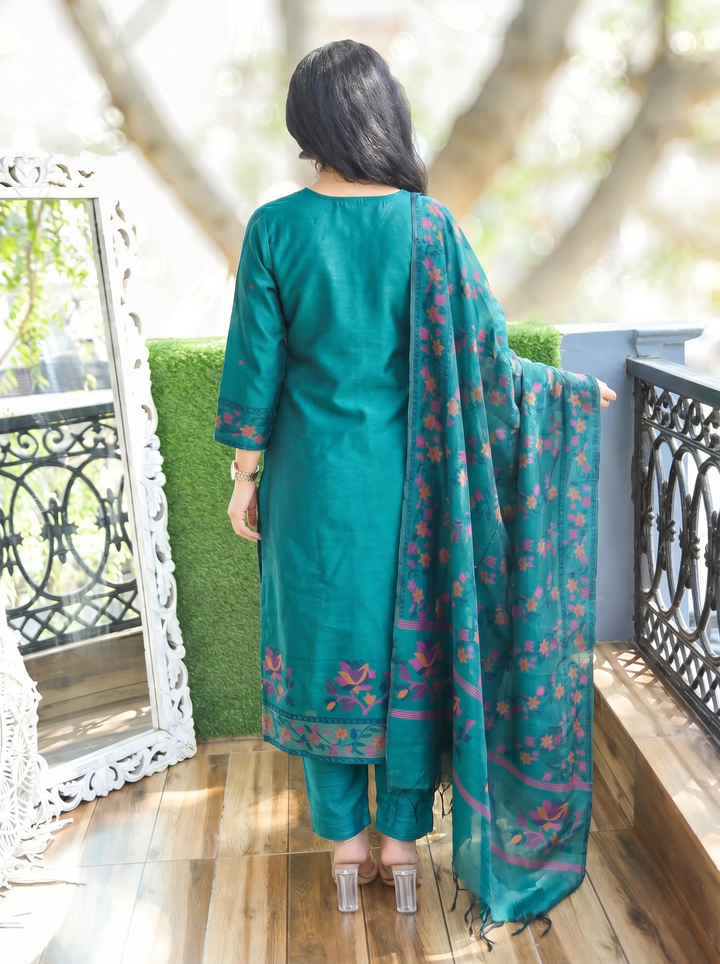 Saloni Turquoise Floral Jamdani 3 Piece Set