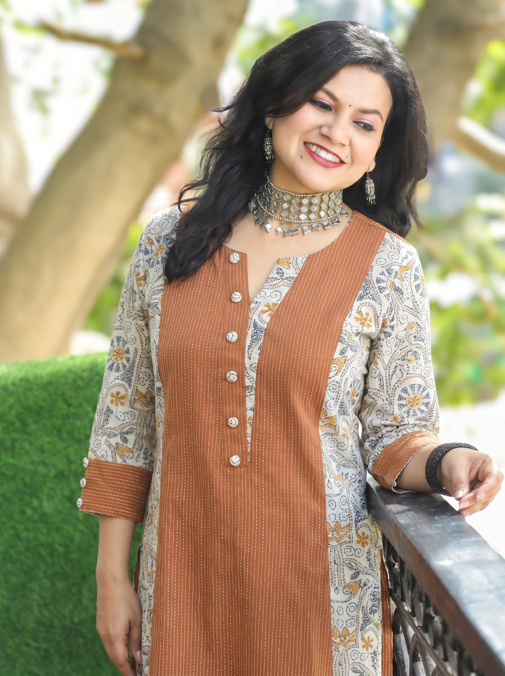 Padma Rust Orange Running Stitch Panel Cotton Kurti