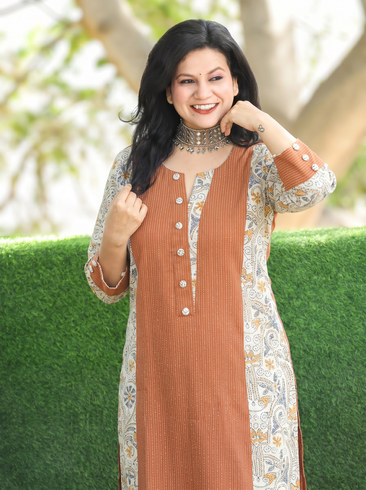 Padma Rust Orange Running Stitch Panel Cotton Kurti