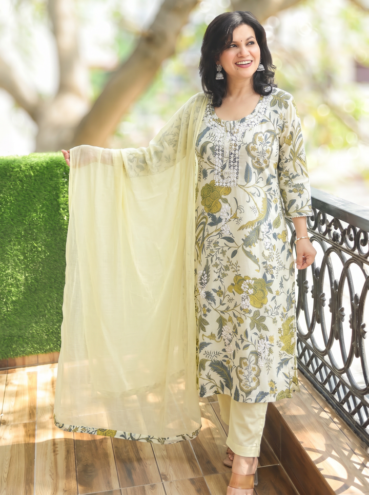Shadvi Butter Yellow Floral Cotton 3 Piece Set